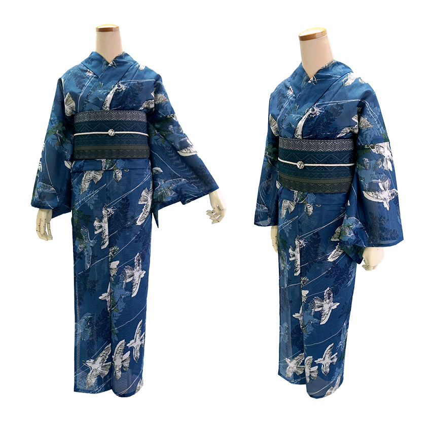 浴衣、綿絽、￼花柄、鳥、みずうた 浴衣 レディース 単品 みすゞうた フリーサイズ 綿絽 ブルー 花