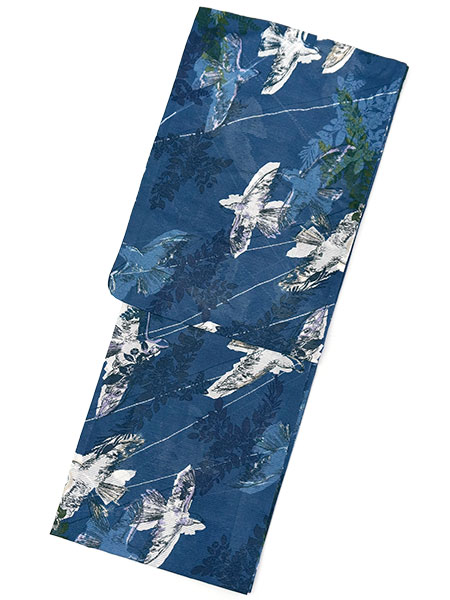 浴衣 レディース 単品 みすゞうた フリーサイズ 綿絽 ブルー 花 鳥