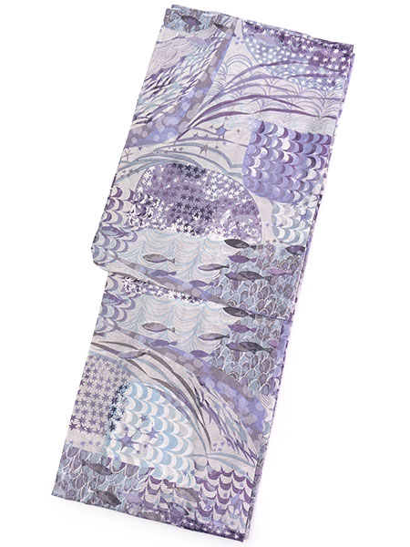 浴衣 レディース 単品 みすゞうた フリーサイズ 綿絽 グレー パープル