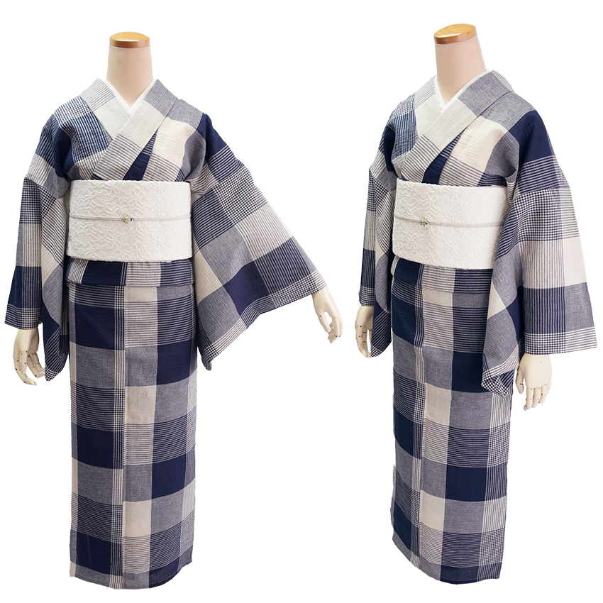 Sサイズ◆古典綿麻しじら織り綿麻浴衣◆かすれ縞 紺の夏着物&浴衣◆S プチサイズ 綿麻きもの 浴衣 単品 しじら織 ネイビー オフホワイト 格子