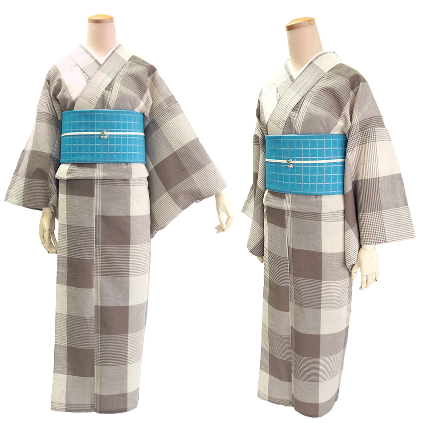 綿麻きもの 浴衣 単品 しじら織 ブラウン オフホワイト 格子 チェック