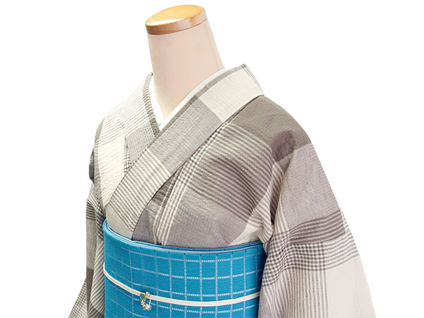 綿麻きもの 浴衣 単品 しじら織 ブラウン オフホワイト 格子 チェック
