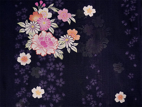 夏用　小紋　絽　花模様　パープル系　着物　042w d 洗える 夏着物 絽 お仕立て上がり 単品 パープル 牡丹 菊 さくら M