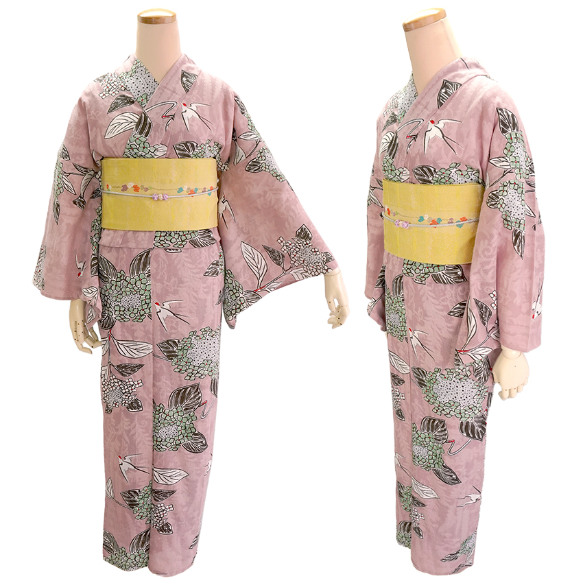 レディース 浴衣 単品 ピンク 紫陽花 つばめ 綿 からみ織 レース ひで