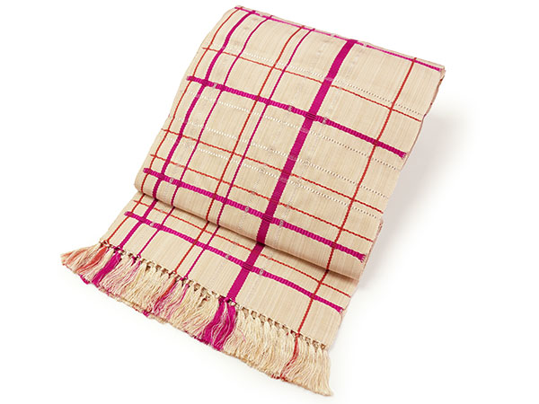 兵児帯 絹 米沢織 ベージュ ピンク 銀 チェ...の詳細画像1