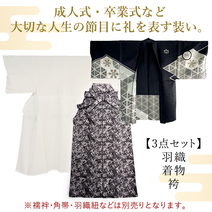 メンズ 羽織 着物 袴 3点セット 黒 ブラックシルバー 幾何学M L LL 成人式 卒業式 洗える 和装の画像
