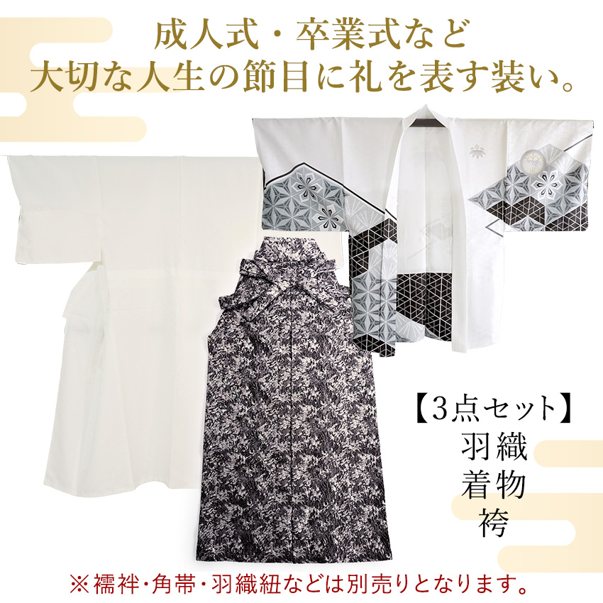 メンズ 羽織 着物 袴 3点セット 白 ホワイトシルバー 幾何学M L LL 成人式 卒業式 洗える 和装の画像