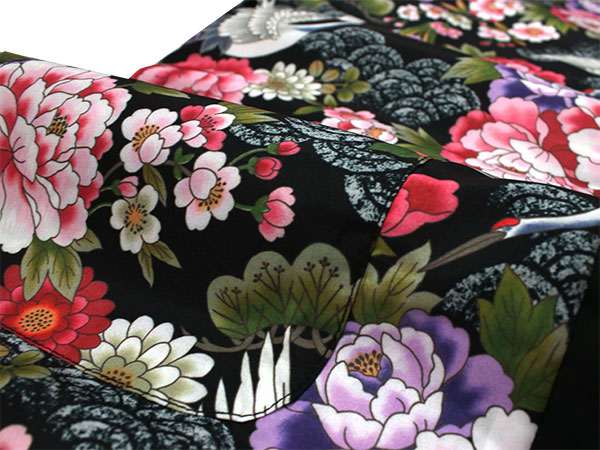 はんてん レディース 半纏 リバーシブル 和柄 黒 ピンク 鶴 花 麻の葉