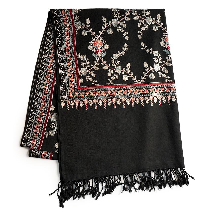 ストール カシミール刺繍 大判 黒 更紗 ウール 花柄刺繍 エスニック柄
