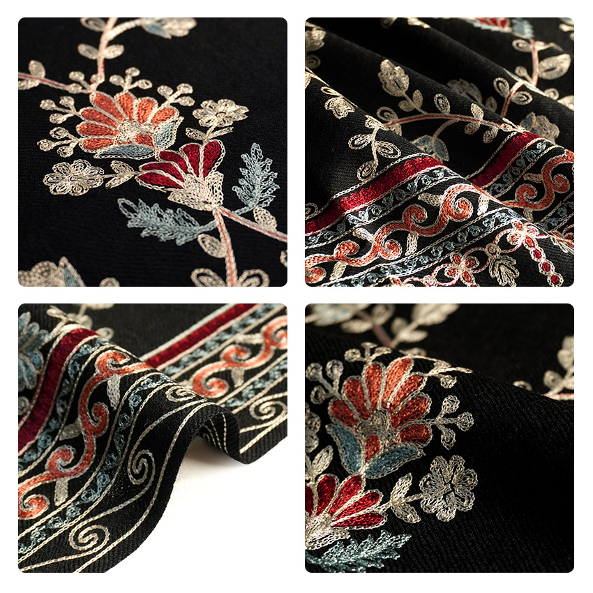 ストール カシミール刺繍 大判 黒 更紗 ウール 花柄刺繍 エスニック柄