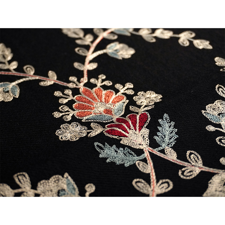 ストール カシミール刺繍 大判 黒 更紗 ウール 花柄刺繍 エスニック柄