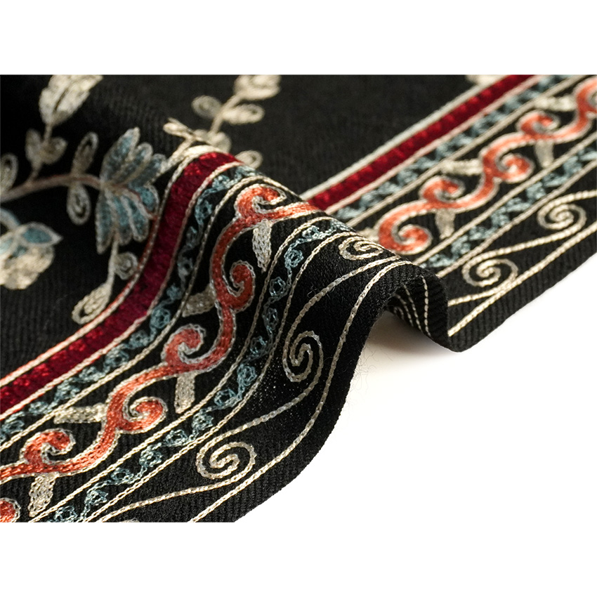 ストール カシミール刺繍 大判 黒 更紗 ウール 花柄刺繍 エスニック柄