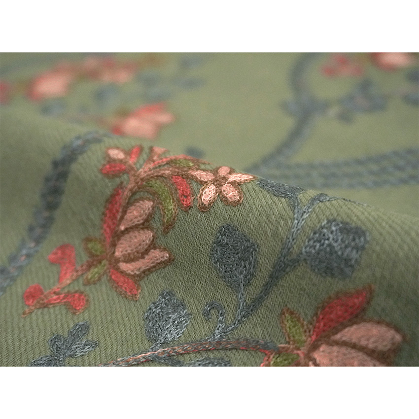 ストール カシミール刺繍 大判 グリーン ピンク 更紗 ウール 手洗い 花