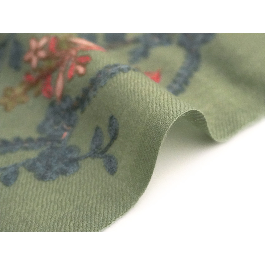 ストール カシミール刺繍 大判 グリーン ピンク 更紗 ウール 手洗い 花