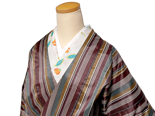 着物 雨コート 一部式 Lサイズ ブラウン カーキ 縞 道中着衿 仕立て上がり ポリエステル 塵除け 洗える 雨の日 |  | 05