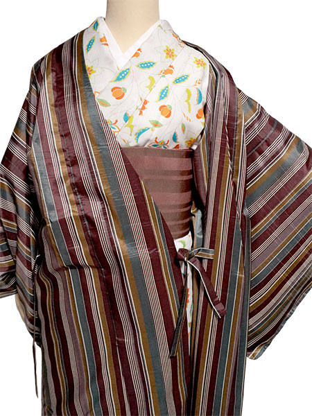 着物 雨コート 一部式 Lサイズ ブラウン カーキ 縞 道中着衿 仕立て上がり ポリエステル 塵除け 洗える 雨の日 |  | 06