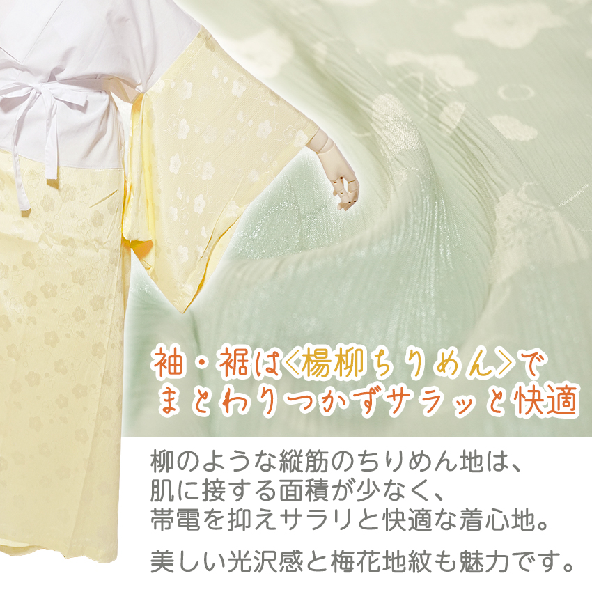 洗える長襦袢 綿 ポリエステル ちりめん 梅 3色 6サイズ 緑 白 黄色