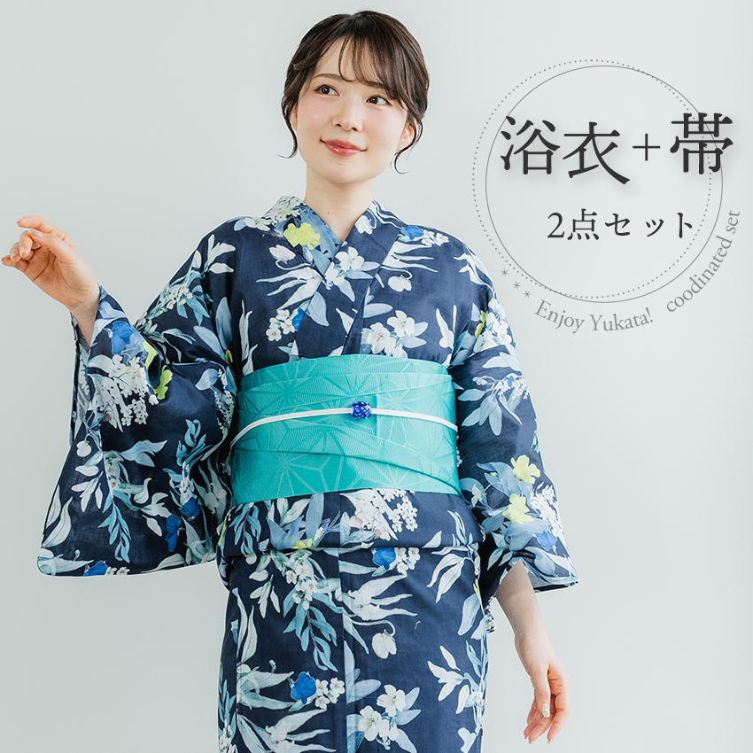 ファミリア　浴衣　帯付き　花柄　紺色 浴衣セット レディース ( 浴衣 ＋ 半幅帯 ) ネイビー ミントグリーン