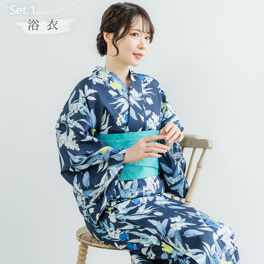 浴衣セット レディース ( 浴衣 ＋ 半幅帯 ) ネイビー ミントグリーン