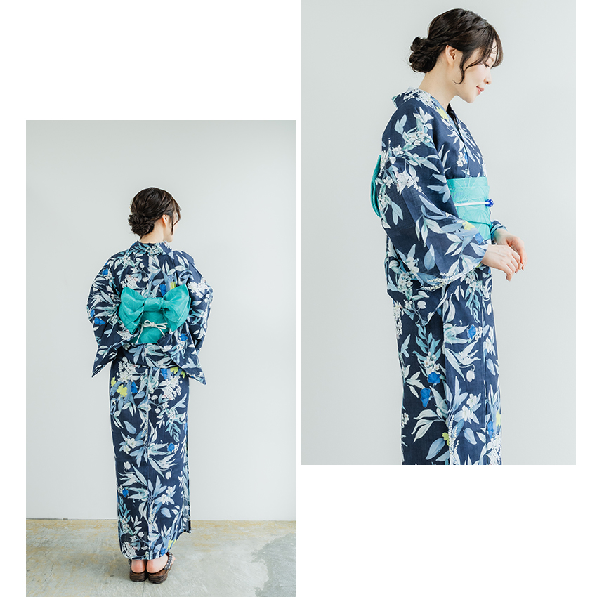 浴衣 レディース 帯セット ブルー 花柄 半幅帯 夏祭り 花火大会 浴衣セット レディース ( 浴衣 ＋ 半幅帯 ) ネイビー ミントグリーン