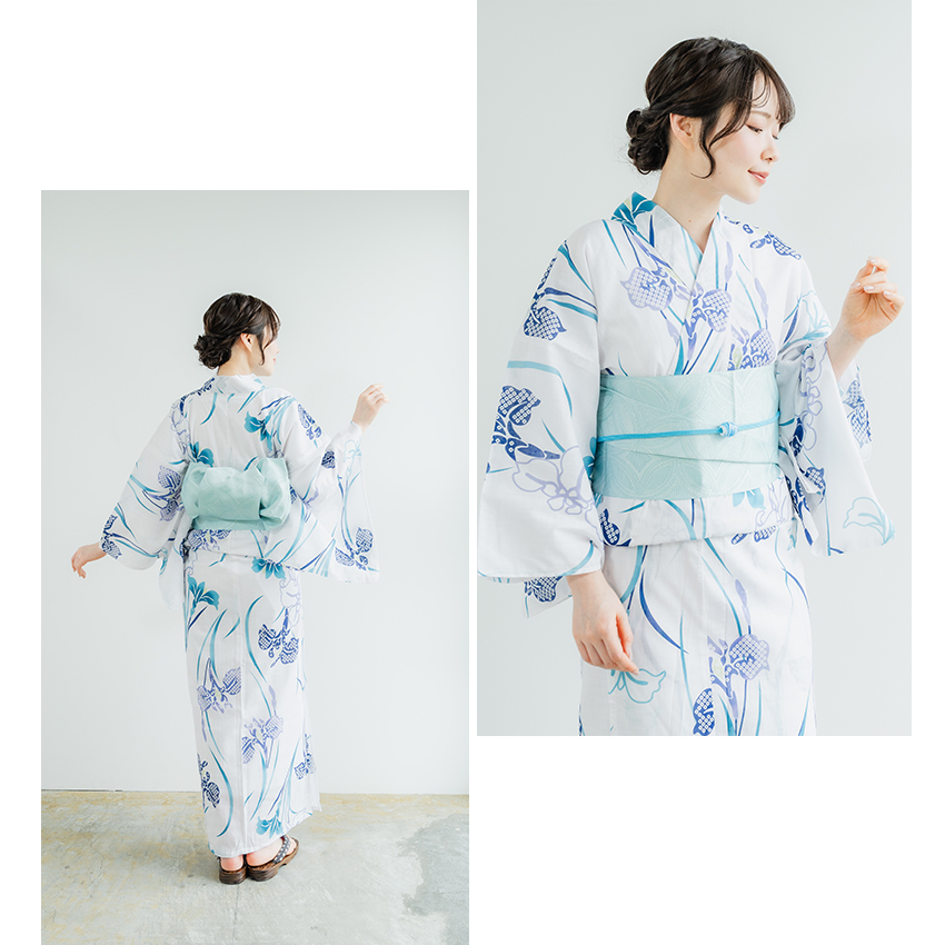 浴衣 レディース 帯セット ブルー 花柄 半幅帯 夏祭り 花火大会 浴衣セット レディース ( 浴衣 ＋ 半幅帯 ) ホワイト ブルー ライト