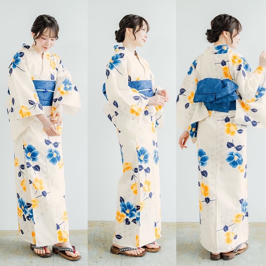 浴衣ドレス 花柄 青 黄色帯付きセット 浴衣セット レディース ( 浴衣 ＋ 半幅帯 ) クリーム ブルー 椿 麻の葉