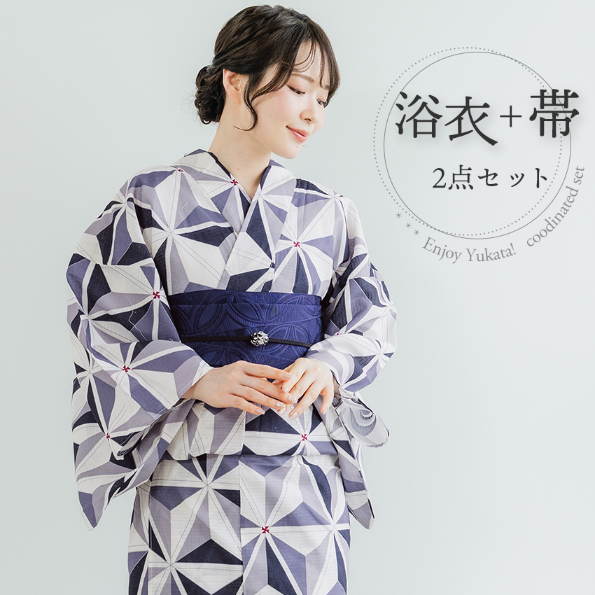 浴衣セット レディース ( 浴衣 ＋ 半幅帯 ) クリーム ブルー 椿 麻の葉