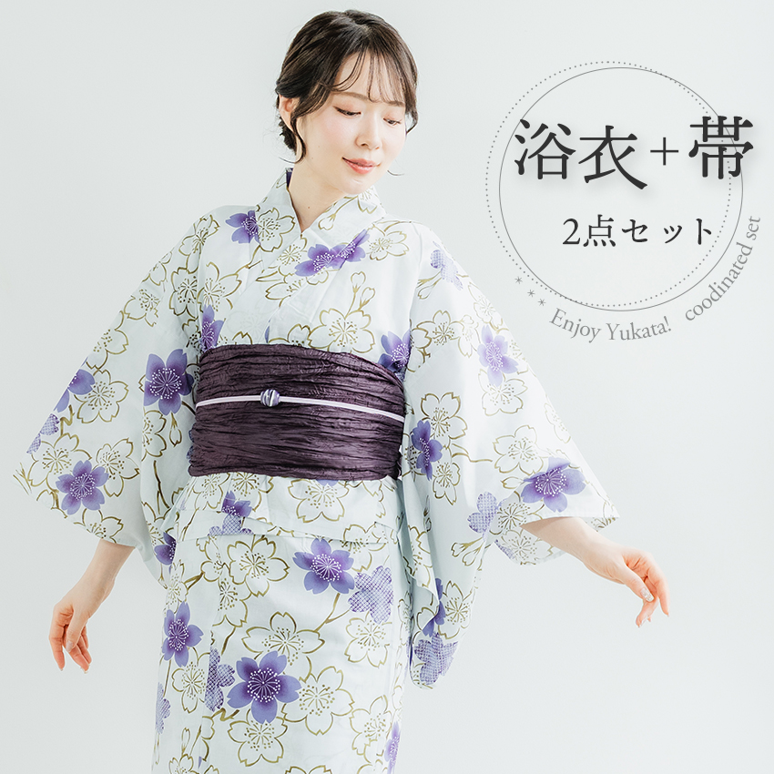 浴衣セット レディース ( 浴衣 ＋ 半幅帯 ) クリーム ブルー 椿 麻の葉