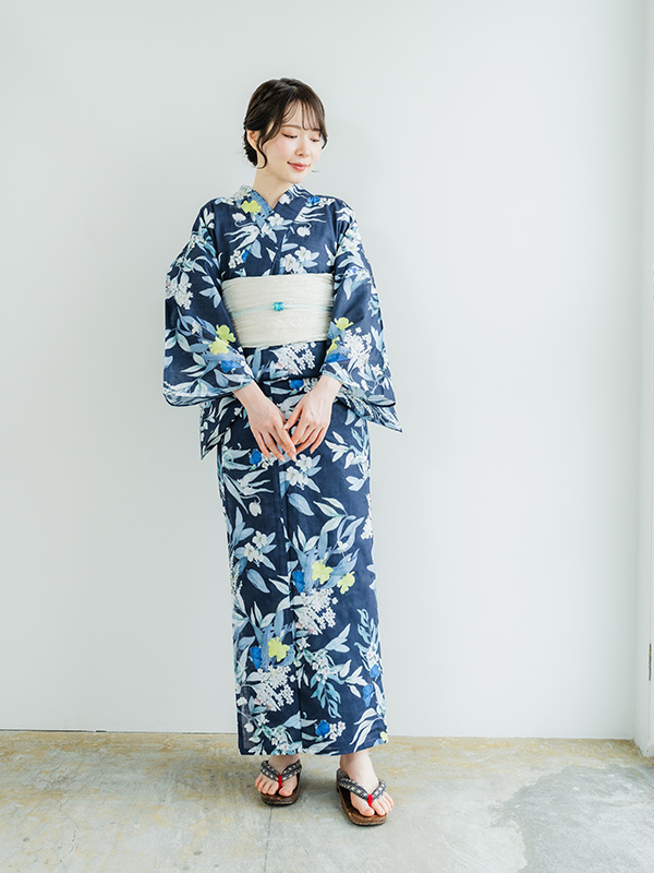 浴衣 レディース 単品 フリーサイズ ネイビー 花 綿 夏 大人 おしゃれ