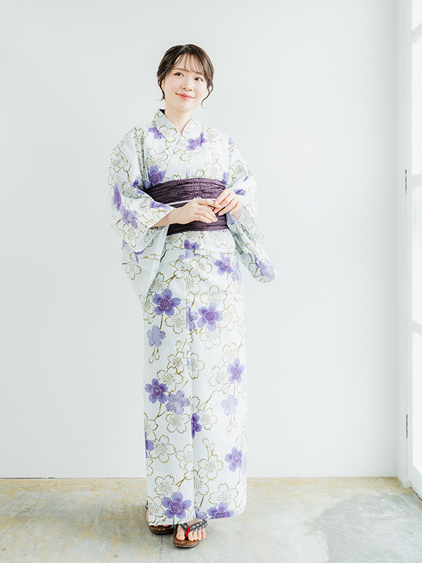 浴衣 レディース 単品 フリーサイズ グレー パープル 桜 綿 夏 大人