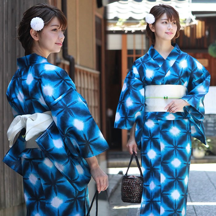 浴衣 セット レディース 3点 綿麻 雪花柄 絞り調 半幅帯 下駄 大人