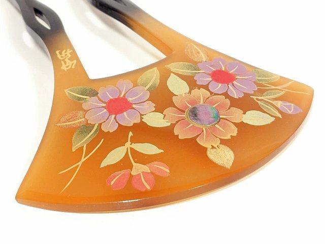 べっ甲風 かんざし 扇型 螺鈿使い 日本製 髪飾り 二本足 花柄 留袖
