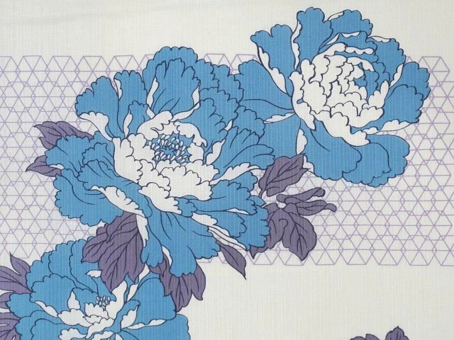 浴衣 生地 反物 単品 日本製 白色地に淡い紺色の牡丹柄 女性用 綿100
