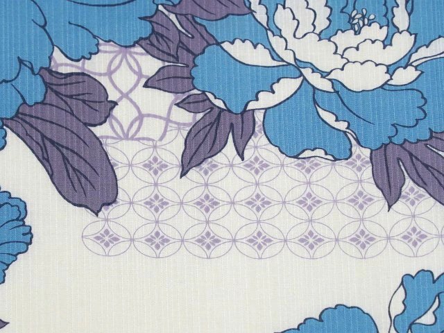 浴衣 生地 反物 単品 日本製 白色地に淡い紺色の牡丹柄 女性用 綿100