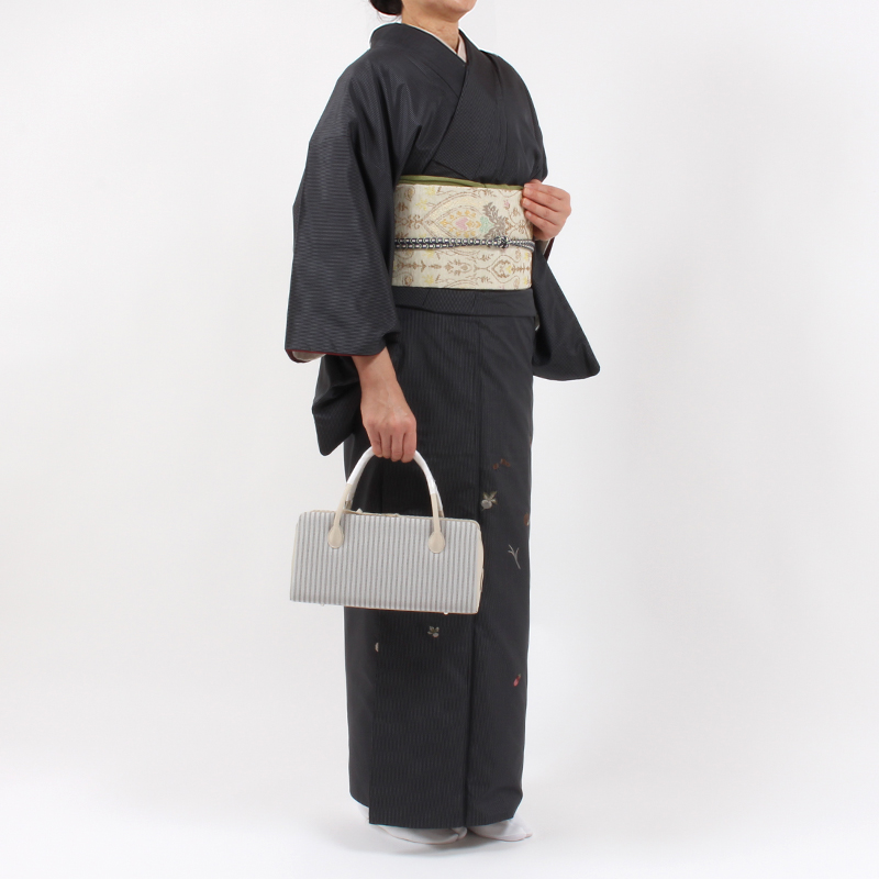 きもの 和 利休バッグ 和小物さくら 正絹 縞模様 グレー×ベージュ