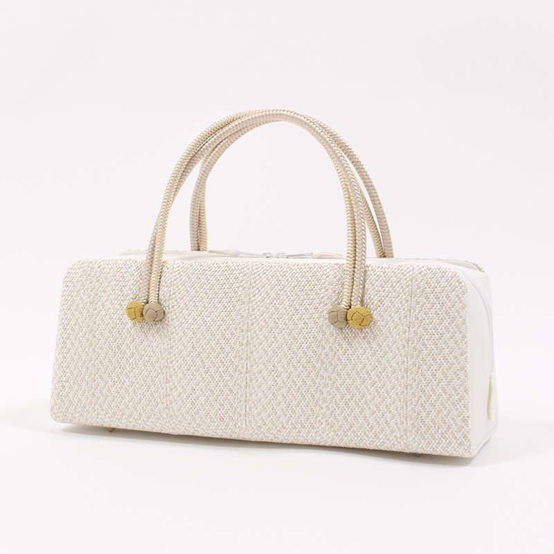 和装バッグ　横長　利休　バッグ　小田巻　白　正絹　日本製 きもの 和 利休バッグ 和装バッグ フォーマル 正絹 白×白茶 ベージュ系