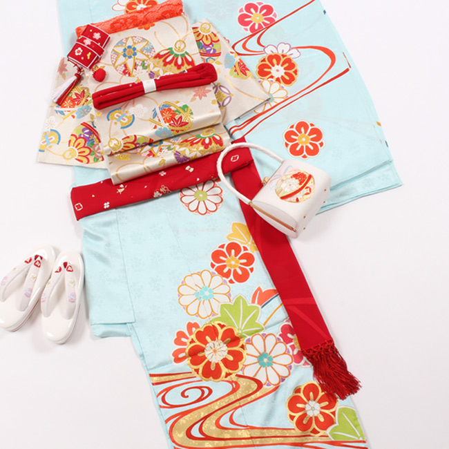 7歳 着物 七五三 手描き 京友禅 正絹 四つ身 絵羽模様 振袖 水色  