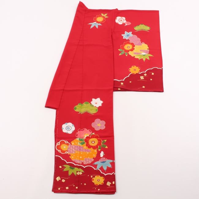 七五三 着物 7歳 正絹 購入 紅型風 レトロ 赤色 雪輪花文 京友禅