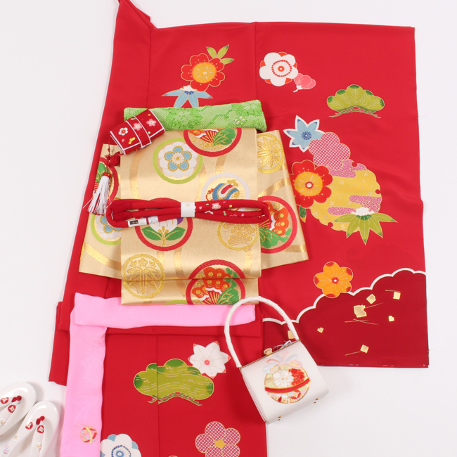 七五三 着物 7歳 正絹 購入 紅型風 レトロ 赤色 雪輪花文 京友禅