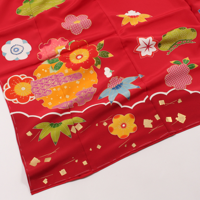 七五三 着物 7歳 正絹 購入 紅型風 レトロ 赤色 雪輪花文 京友禅