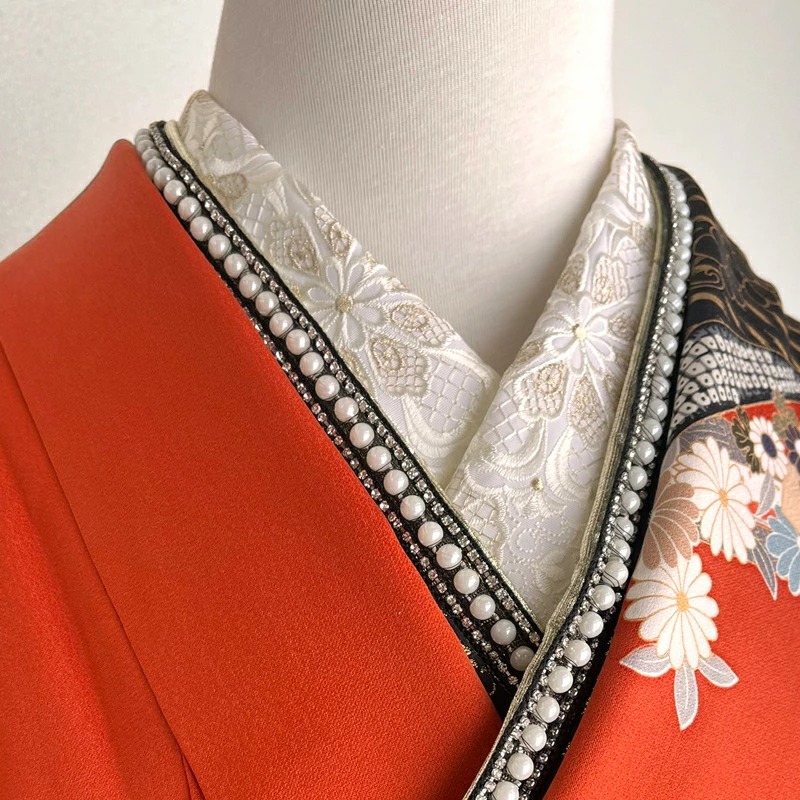 きもの 和 半衿 半襟 刺繍 振袖 成人式 白 ラティスフラワー 金糸入り