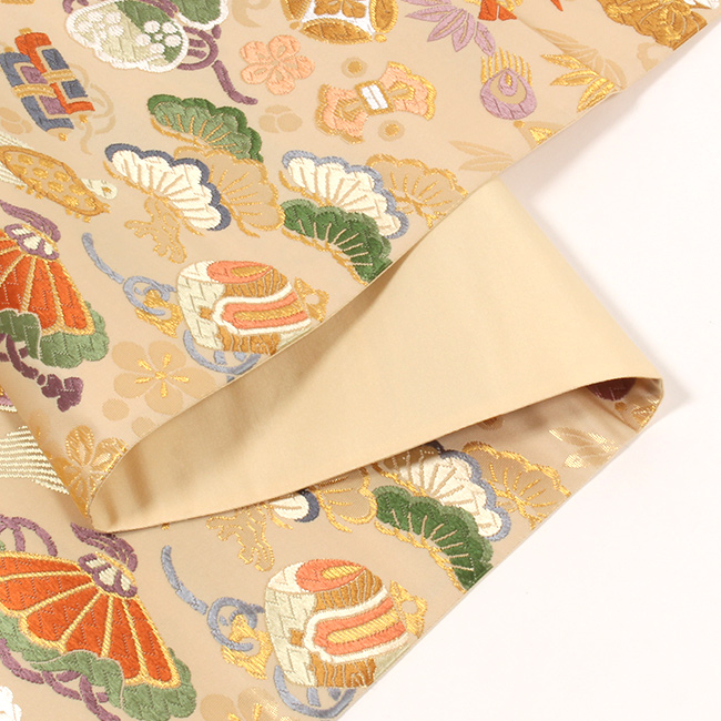 白寿苑 西陣織 袋帯 吉祥宝尽くし文 小 ベージュ地 フォーマル 袋帯 礼装用 きもの 和 袋帯 正絹 フォーマル 西陣織 ベージュ地 白寿苑 吉祥