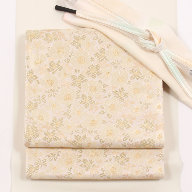 きもの 和 袋帯 正絹 ふくい 浜茄子と五葉つつじ文 ベージュ 金 皇室