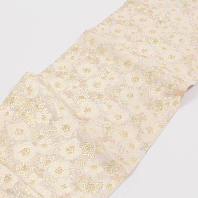 きもの 和 袋帯 正絹 ふくい 浜茄子と五葉つつじ文 ベージュ 金 皇室