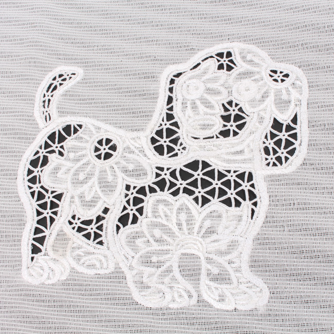名古屋帯 九寸 お仕立て込み 手刺繍 汕頭刺繍 白地 ホワイト ワンちゃん 犬 お太鼓柄 夏 単衣 通年 オールシーズン使用の画像