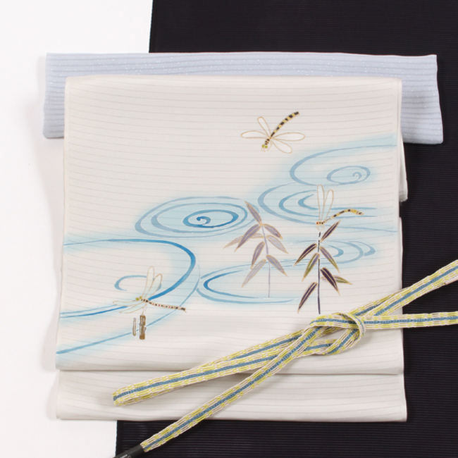 きもの 和 夏帯 手描き友禅 染帯 京友禅 絽塩瀬帯 水辺トンボ文 白鼠地