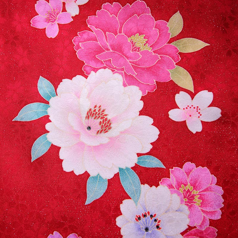 着用少ない！美品＊花車＆四季花＊赤紫＊振袖＊トールサイズ＊１６８ｃｍ＊裄７１ 振袖 レンタル フルセット 赤 レッド 柄少なめ 桜柄 シンプル