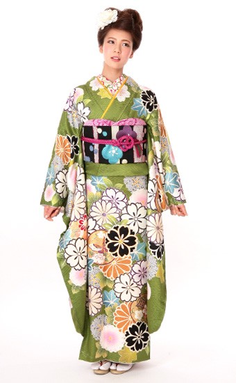 ⭐︎K0690 正絹 振袖 レンタル店放出品 緑 ガード加工 花柄 13号 振袖レンタル 正絹 シンプル fg-204b フルセット一式 着物 人気 ネット