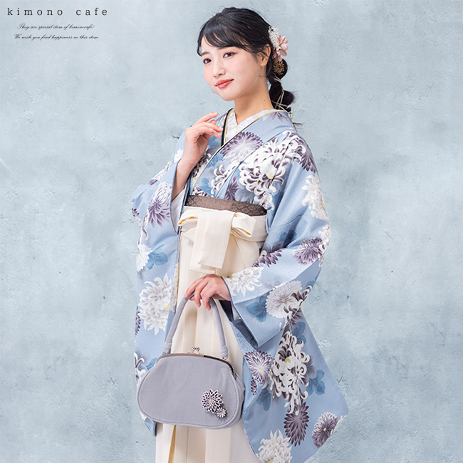 振袖用 バッグ アゲハラベルベット 菊のつまみ細工付き シンプル くすみカラー 振袖 袴 バッグ 成人式 卒業式 大人 白 黒 ベージュ グレー グリーン ブラック | kimono cafe | 12