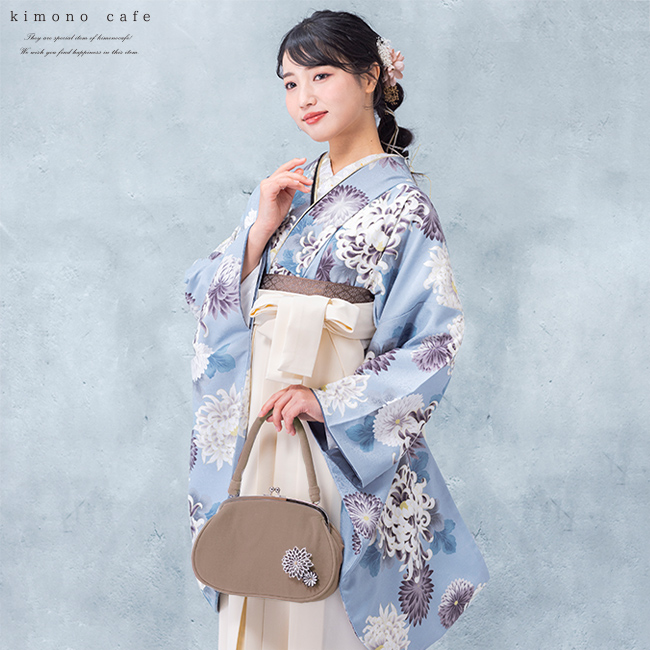 振袖用 バッグ アゲハラベルベット 菊のつまみ細工付き シンプル くすみカラー 振袖 袴 バッグ 成人式 卒業式 大人 白 黒 ベージュ グレー グリーン ブラック | kimono cafe | 14